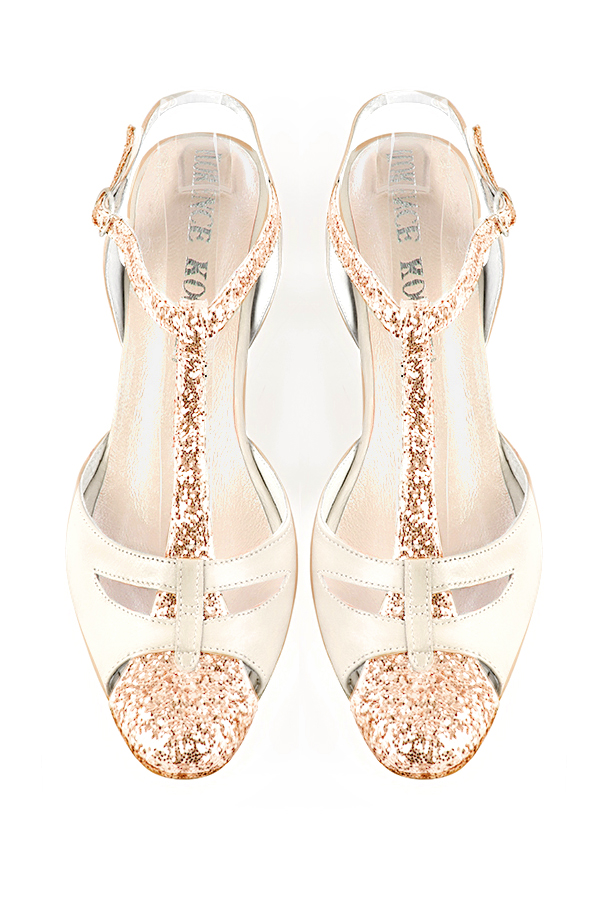 Powder pink and off white women's open back T-strap shoes. Round toe. Low kitten heels. Top view - Florence KOOIJMAN